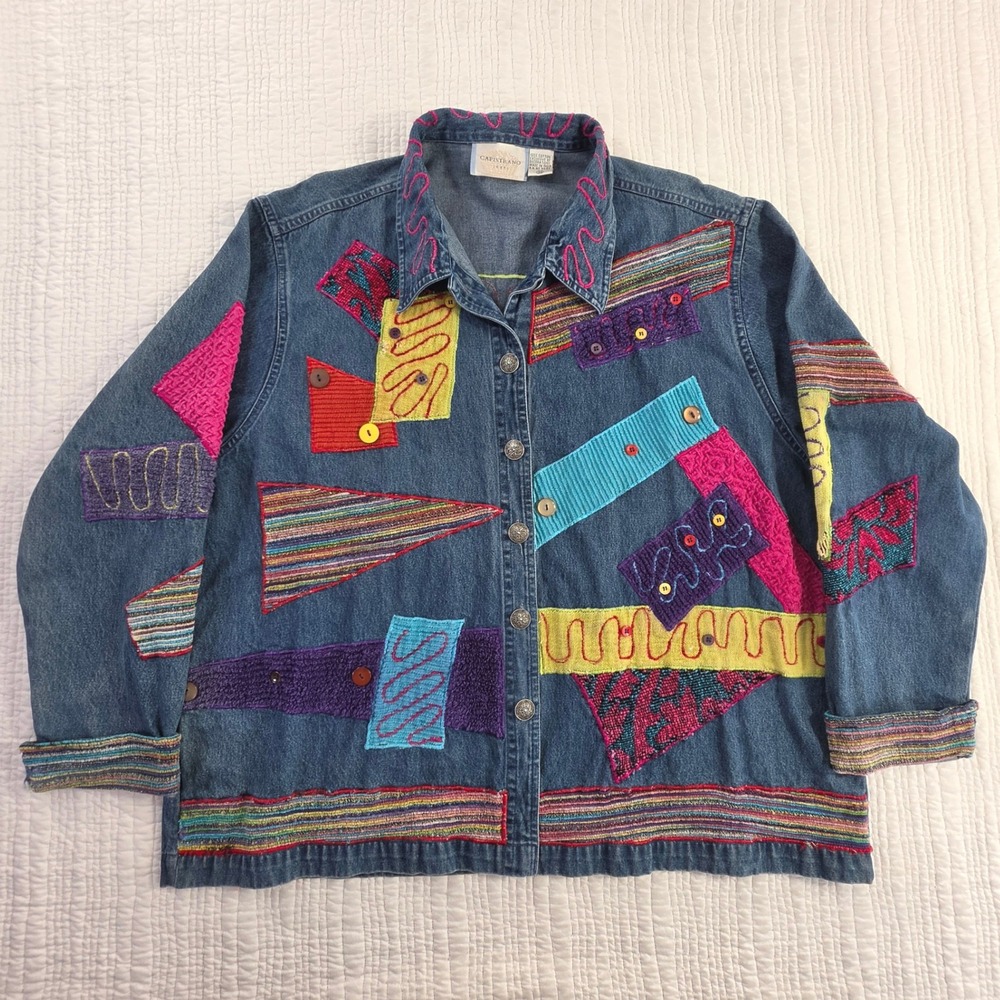 Capistrano Patchwork Mixed Media Denim Jacket Blue Womens 2X Excellent Condition